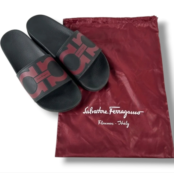 Salvatore Ferragamo Other - Men's FERRAGAMO Groove 2 Black and Maroon Gancini Pool Slide Sandals